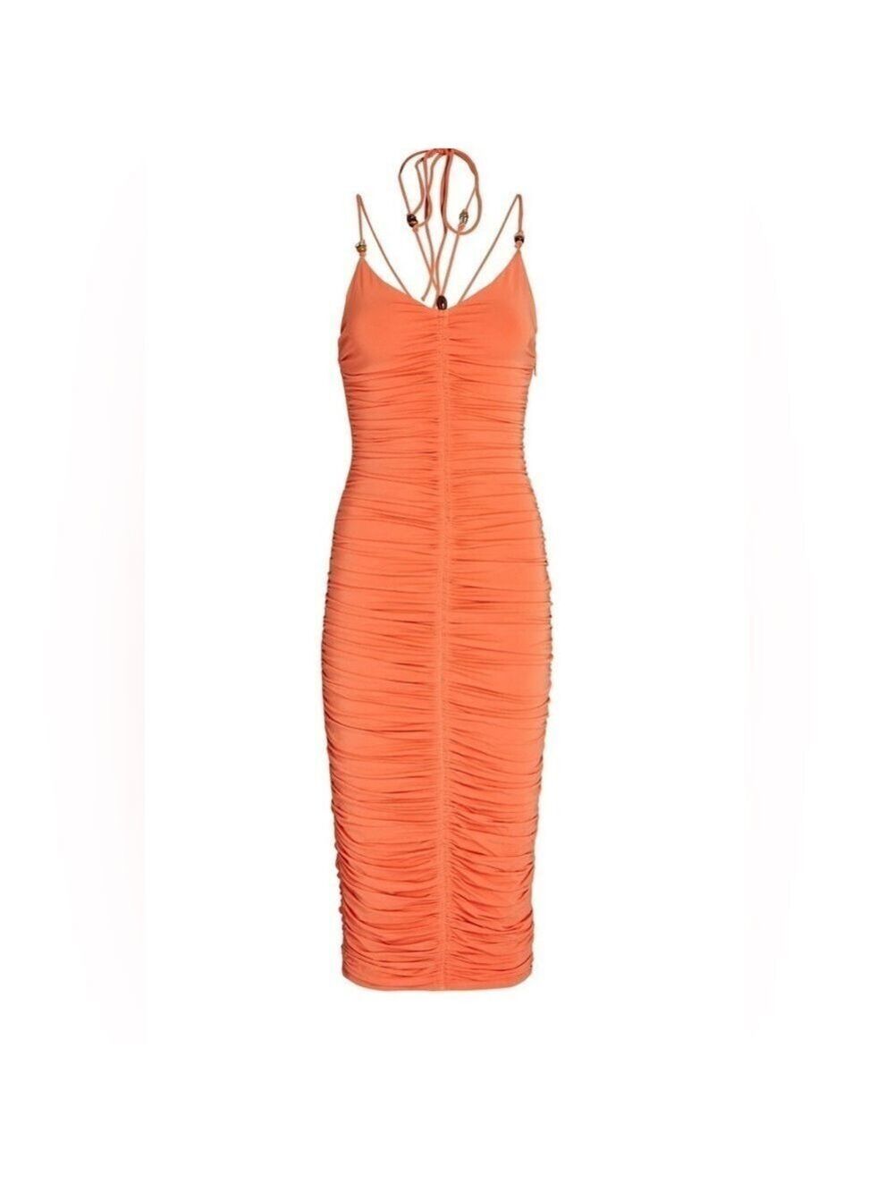 A.L.C. Allegra Ruched Embellished Halter Bodycon Sangria Orange Midi Dress Small - Picture 4 of 16